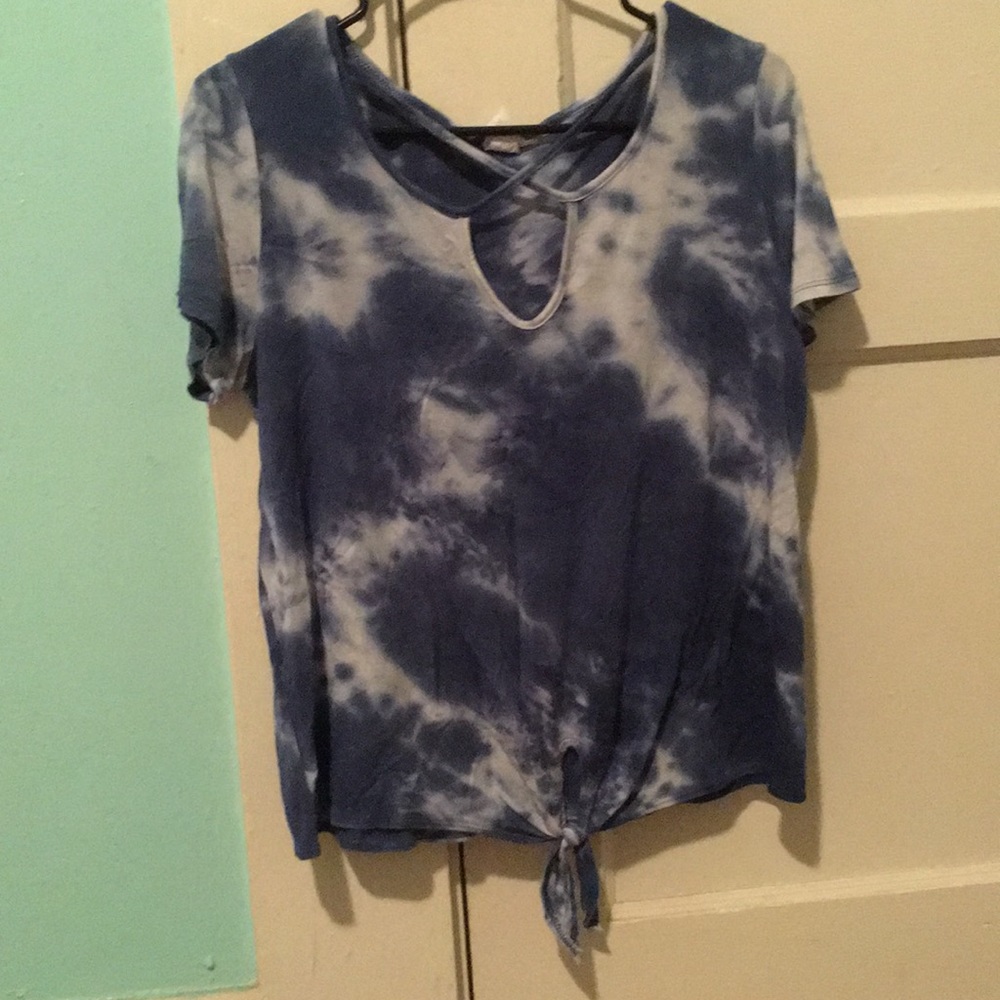 A blue and white tie die crop top
